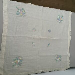 Vintage Embroidered Floral Linen Tablecloth Cottagecore Spring Decor 33x34